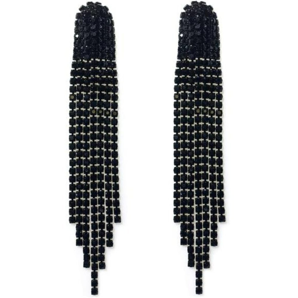 Black Earrings Large Tassel Dangle Earrings Crystal Rhinestone Clip On Earrings